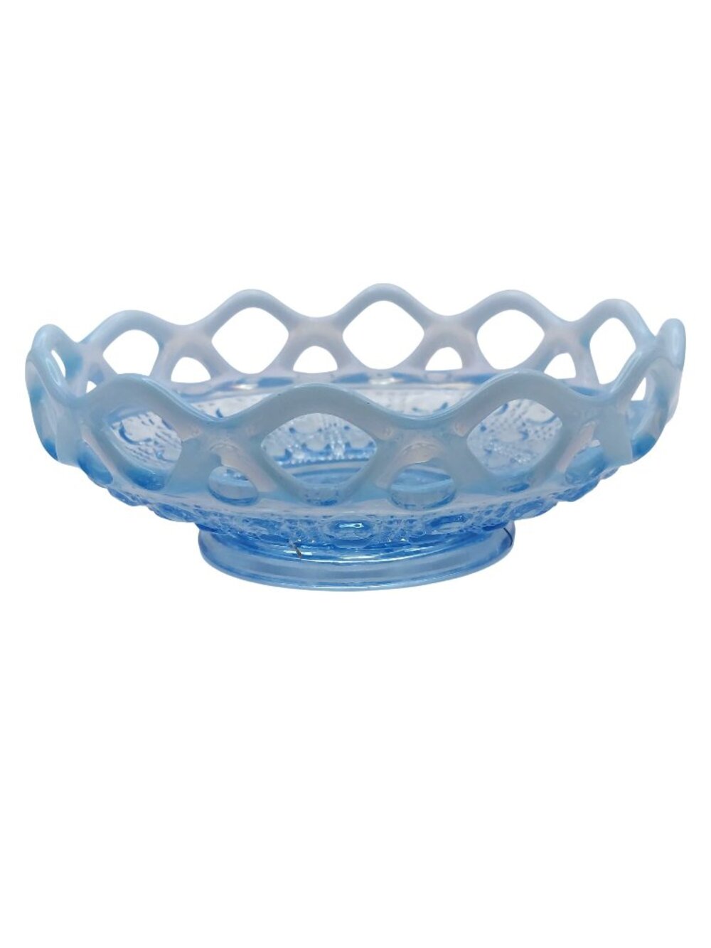 Imperial Glass Katy Blue Opalescent Lace Edge Button Cane 6" Candy Bowl Vintage